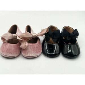Baby Girls Dress Shoes Bundle Size 1 | Pink Velvet & Black Patent Bow Flats